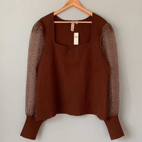 Anthropologie • NWT Dolan Sheer Animal Print Puff-Sleeve Brown Sweater Size 3X - Picture 3 of 13